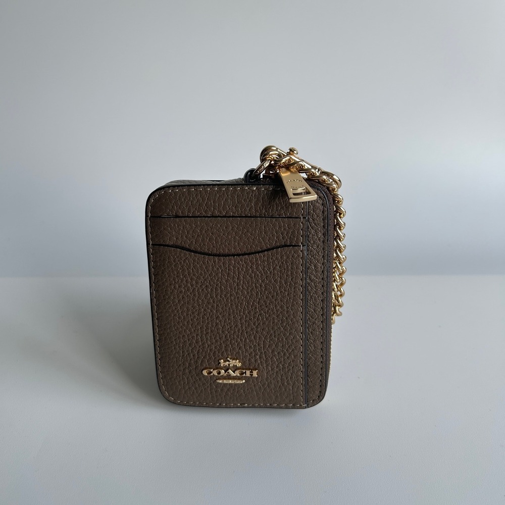Coach Zip Card Case Dark Stone Pebbled Leather Wallet 6303